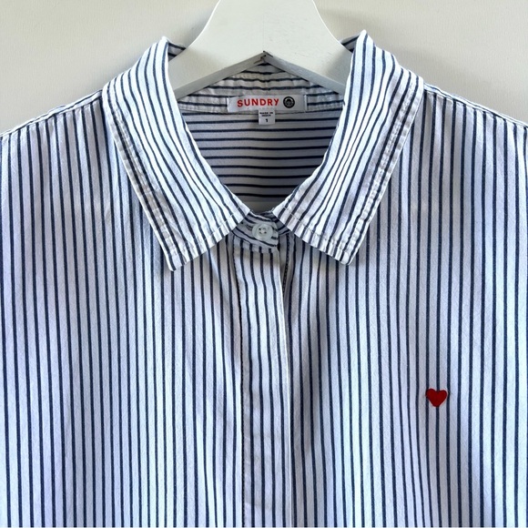 Sundry Striped Shirt Dress Embroidered Heart White Blue Size 1 - Small - Picture 12 of 12